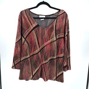 Vintage Dressbarn Top Plus 2X Plaid V-Neck 3/4 Sleeve Textured 90s Pink Black